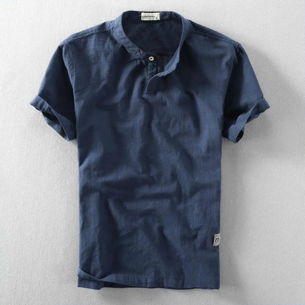 Elegante camisa de manga corta de algodón y lino