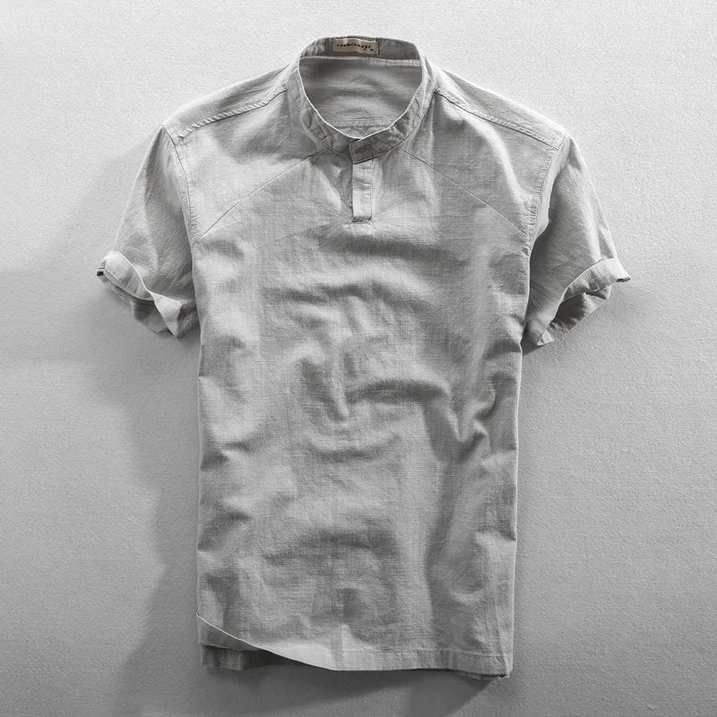 Elegante camisa de manga corta de algodón y lino