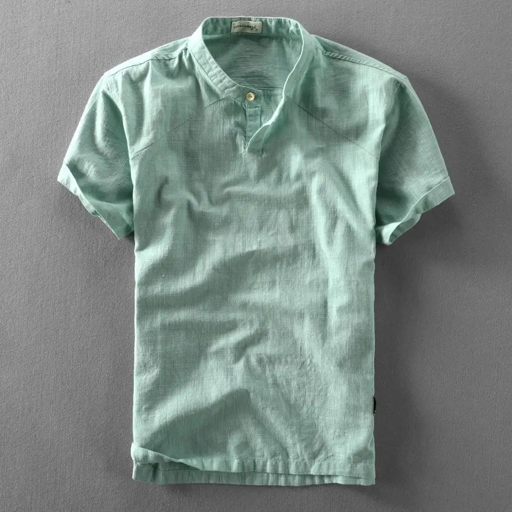 Elegante camisa de manga corta de algodón y lino