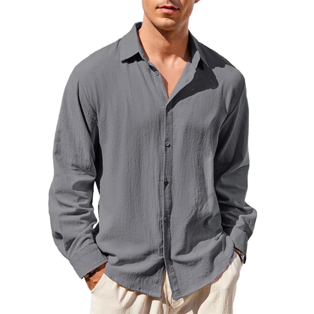 Camisa informal de algodón y lino para hombre