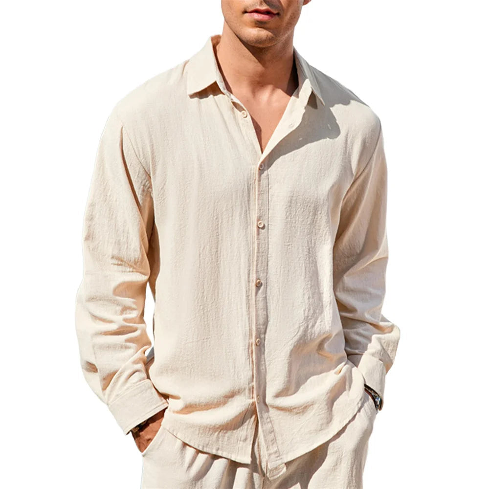 Camisa informal de algodón y lino para hombre